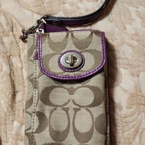Coach Phone Wristlet in Beige with Purple Trim